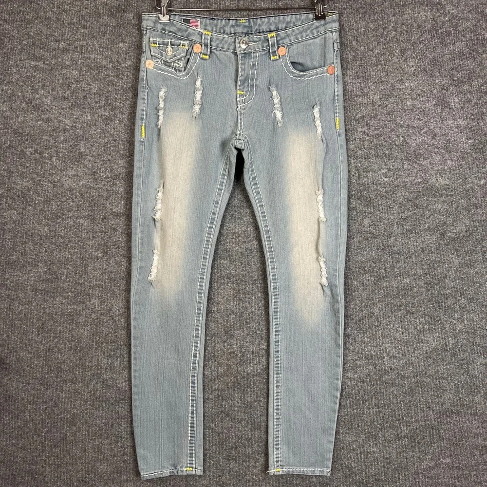 True Religion Skinny Jeans women 32 Blue Distressed Made In USA